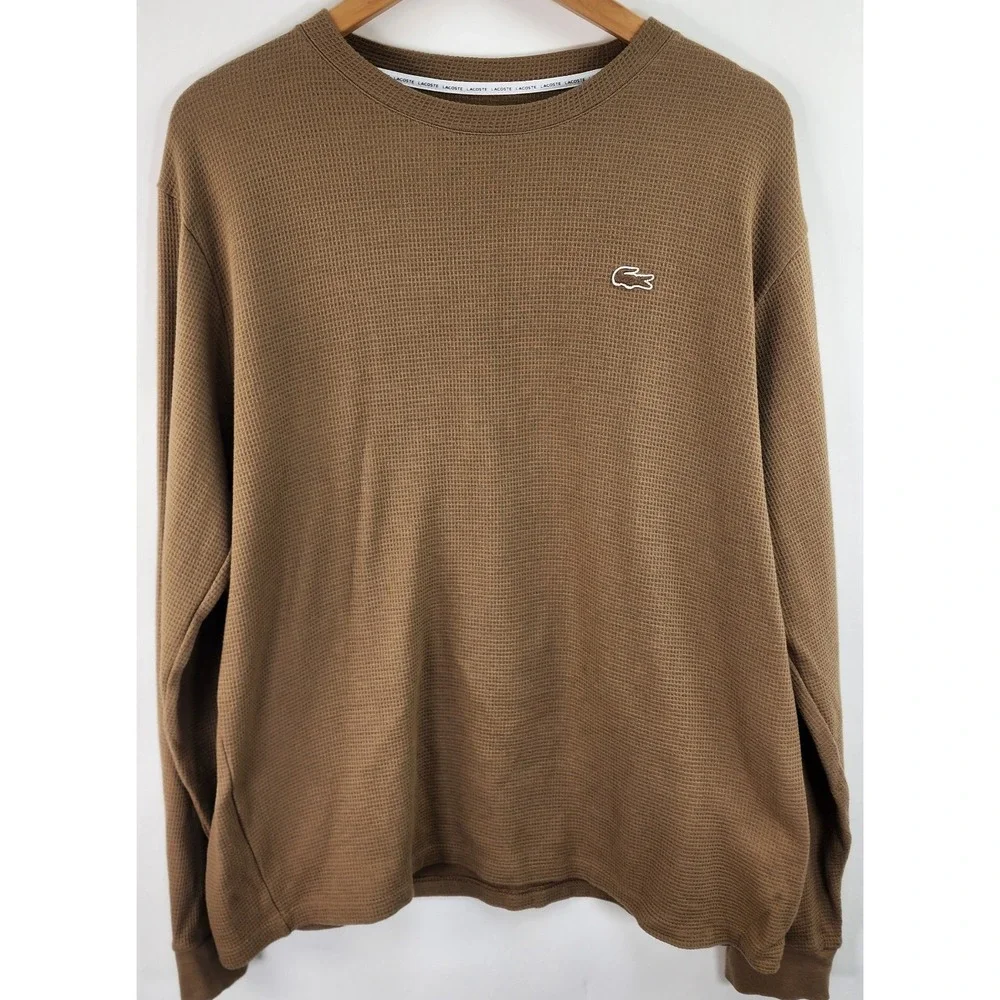 Lacoste Sleepwear Men's L Brown Waffle Knit Thermal Long Sleeve Lounge